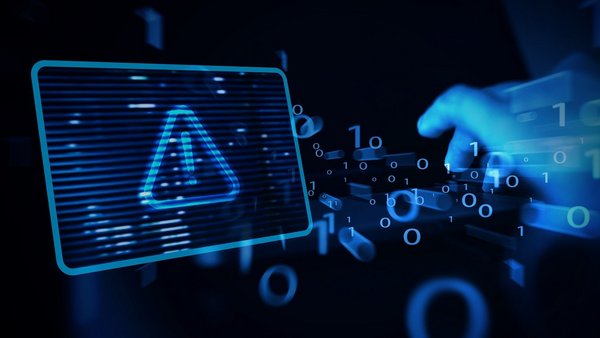 Cybersecurity Hacker IT-Sicherheit Ein Warnzeichen zwischen Nullen und Einsen, ein Hacker versucht in ein geschütztes IT-System einzudringen.